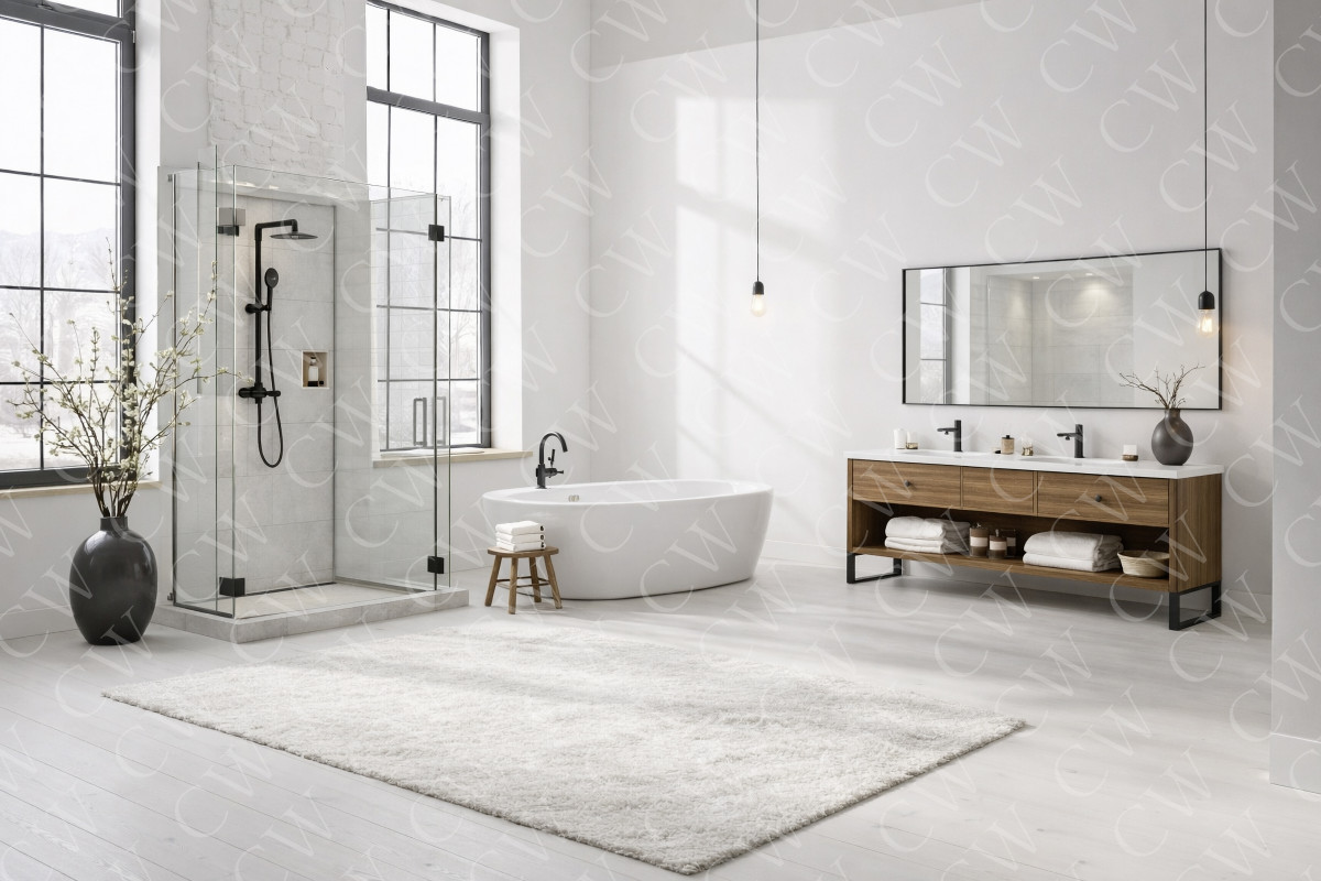 Helles, modernes Badezimmer mit freistehender Badewanne, Glasdusche und Holzwaschtisch.