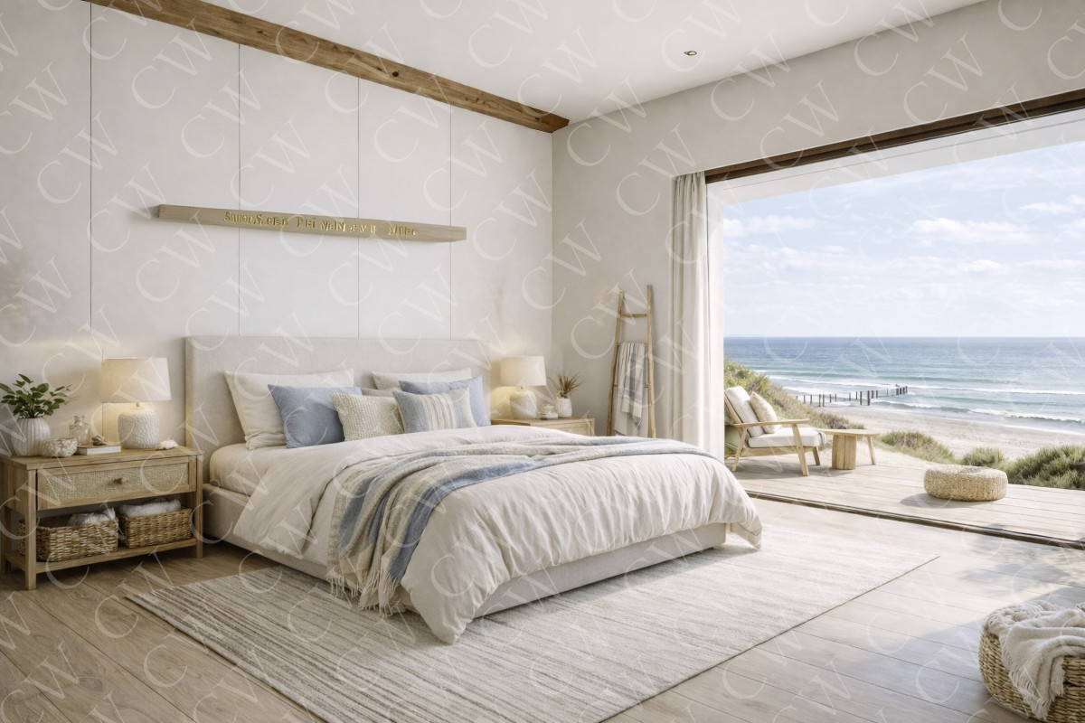 Helles Schlafzimmer im skandinavischen Stil mit Blick auf den Strand und das Meer.