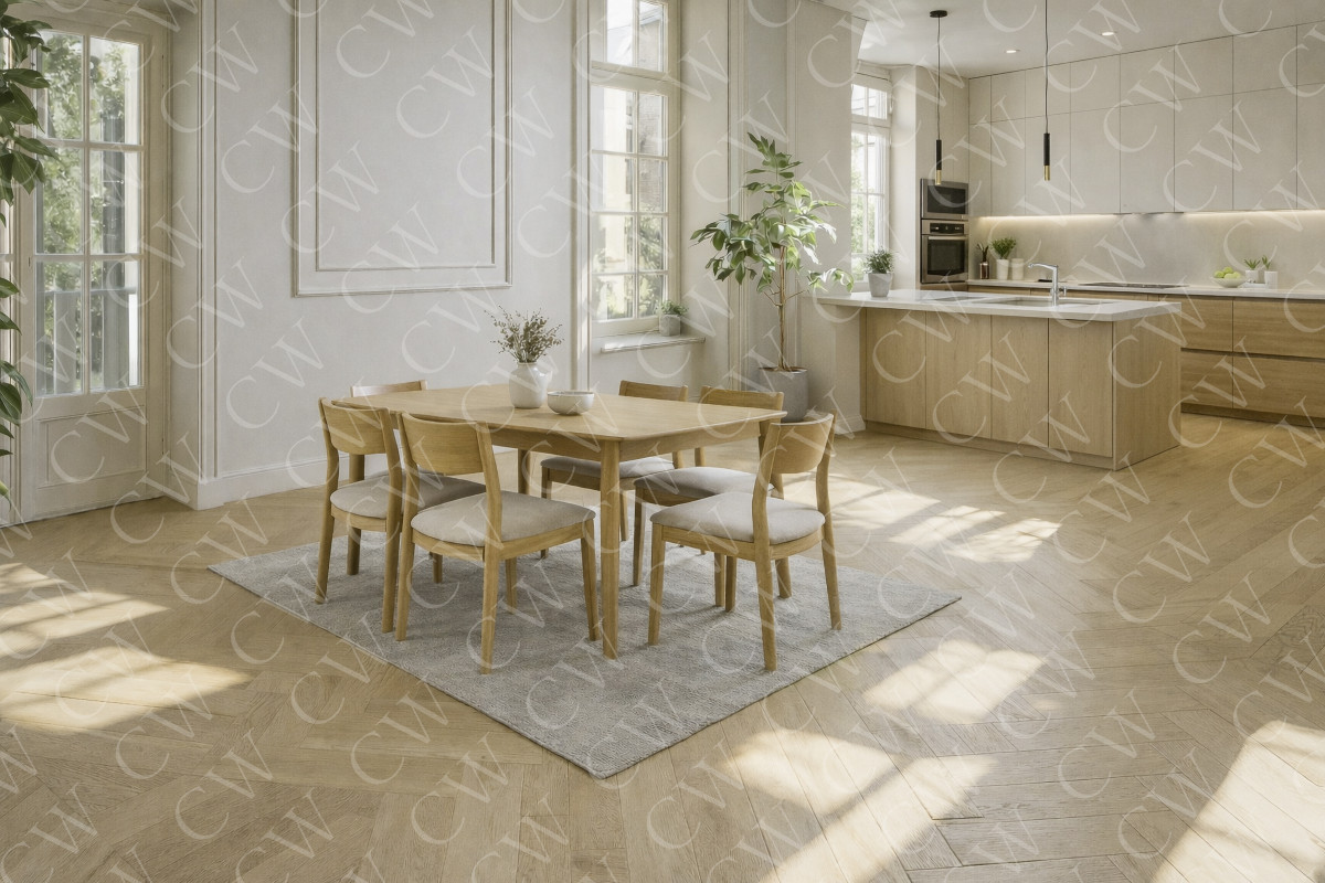 Helle, moderne Küche mit Esstisch aus Holz und vier Stühlen neben großen Fenstern.