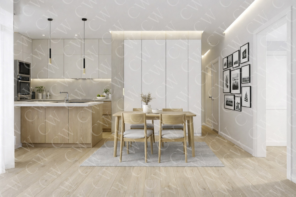 Helle, moderne Einbauküche mit Kücheninsel, Essbereich und Wanddeko.