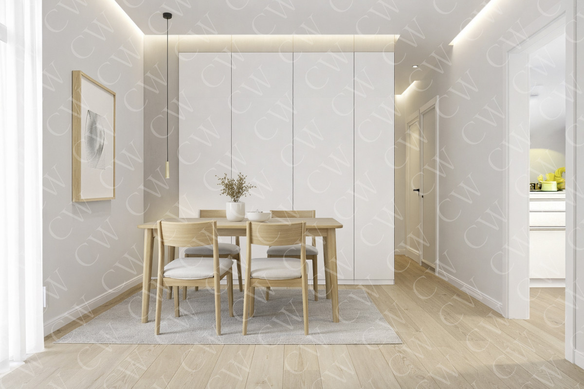 Heller Essbereich mit Holztisch, vier Stühlen und minimalistischer Einrichtung im skandinavischen Stil.