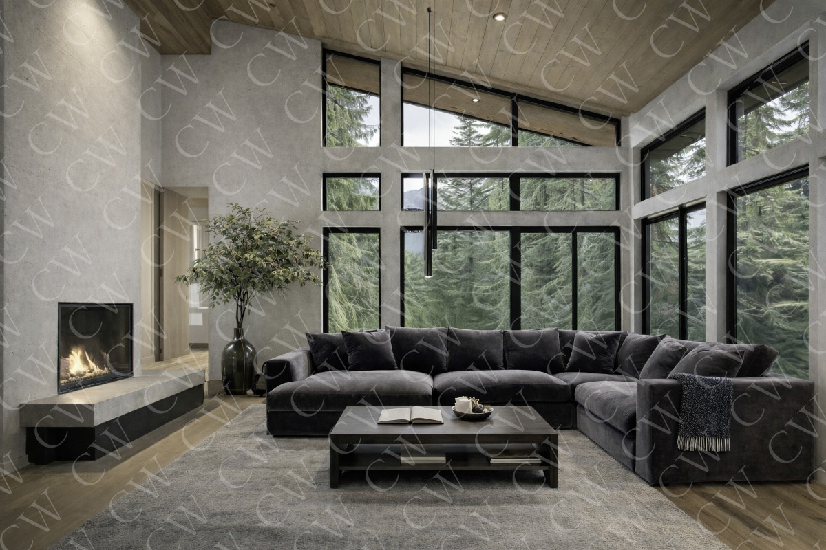 Stilvolles Wohnzimmer mit Ecksofa, Kamin, Couchtisch und großen Fenstern mit Waldblick.