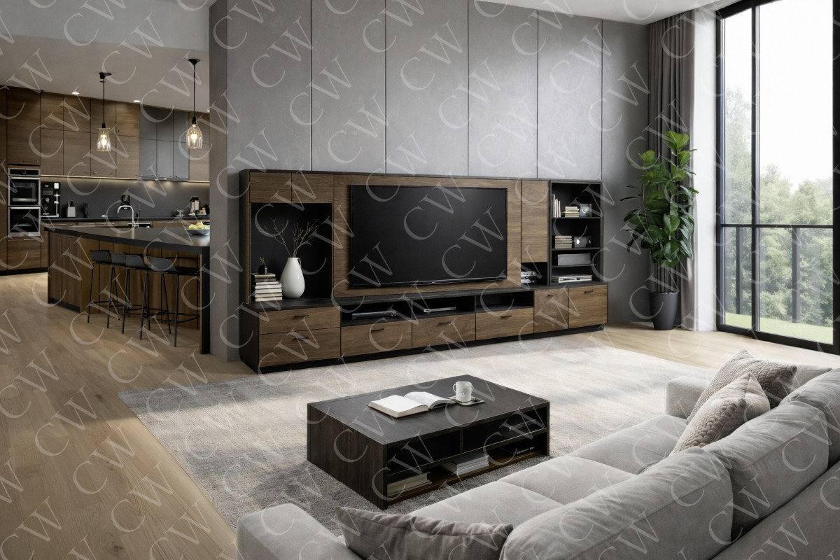 Modernes Wohnzimmer mit Holzmöbeln, großem TV, offener Küche und bodentiefen Fenstern.