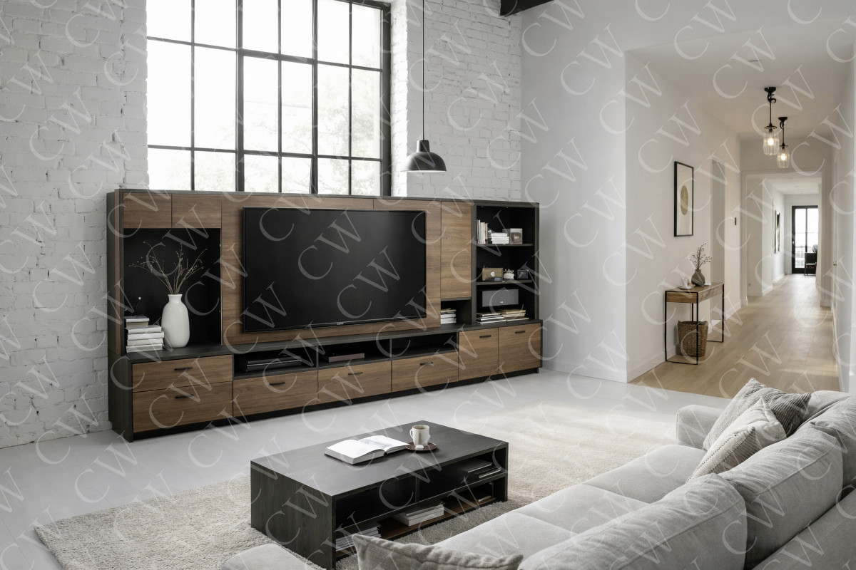 Modern eingerichtetes Wohnzimmer mit TV-Wand aus Holz, Sofa und großem Fenster