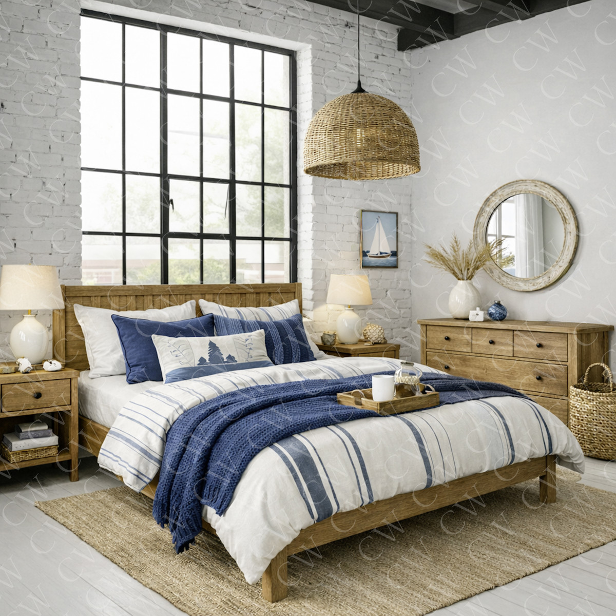 Helles Schlafzimmer mit Holzbett, blauer Bettwäsche, großen Fenstern und Naturdeko.