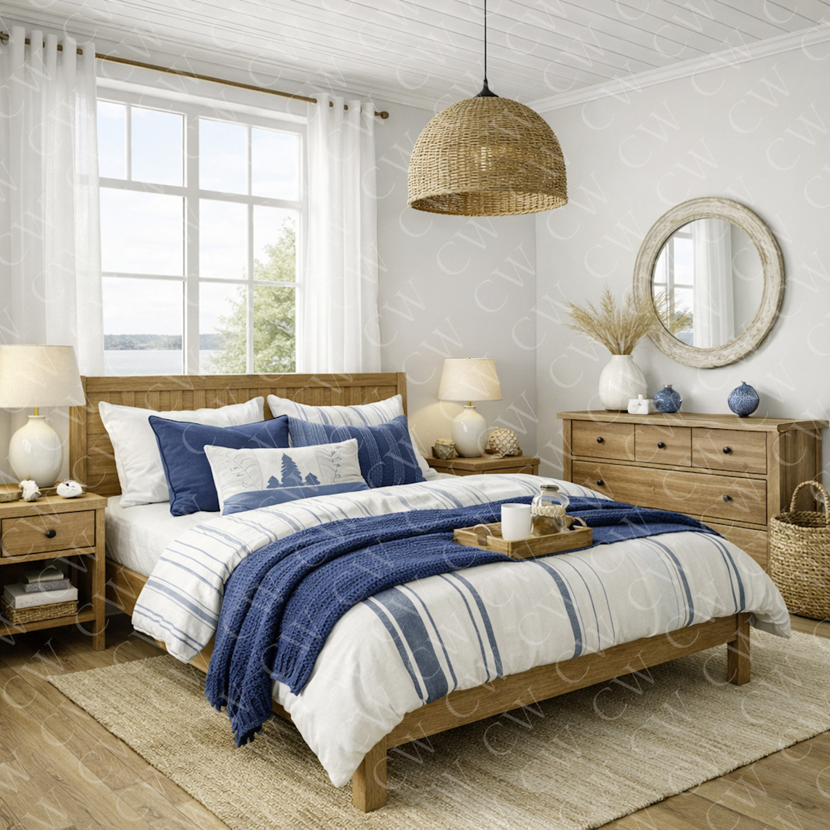 Helles Schlafzimmer mit Holzbett, Nachttischen, blauer Bettwäsche und Dekoration im skandinavischen Stil