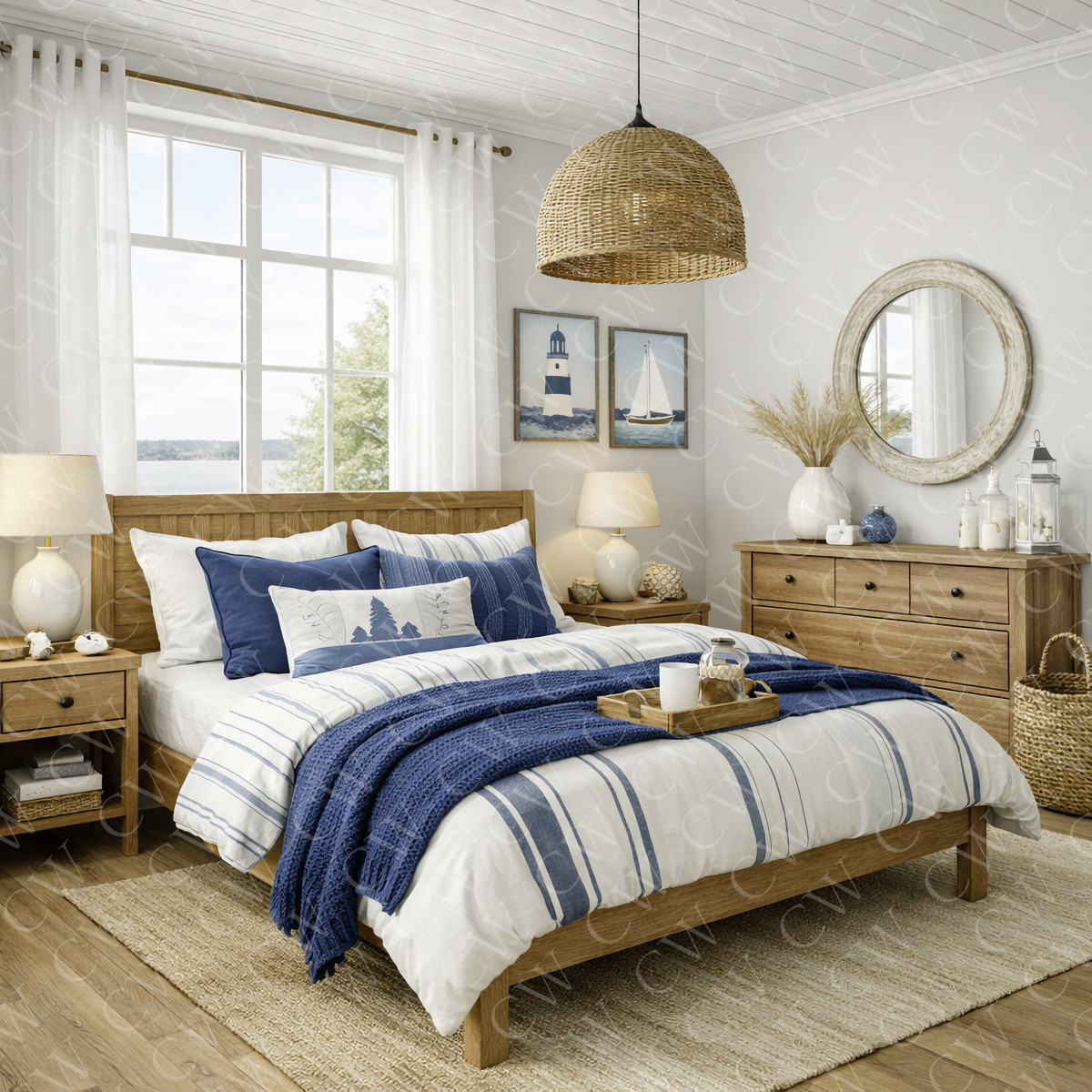 Helles Schlafzimmer mit Holzmöbeln, maritimer Deko und blauer Bettwäsche