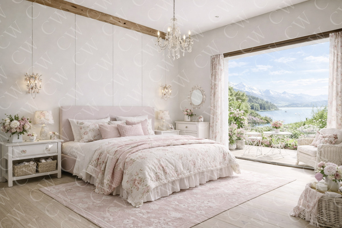 Helles Schlafzimmer im Landhausstil mit Rosendeko und Ausblick auf See und Berge.