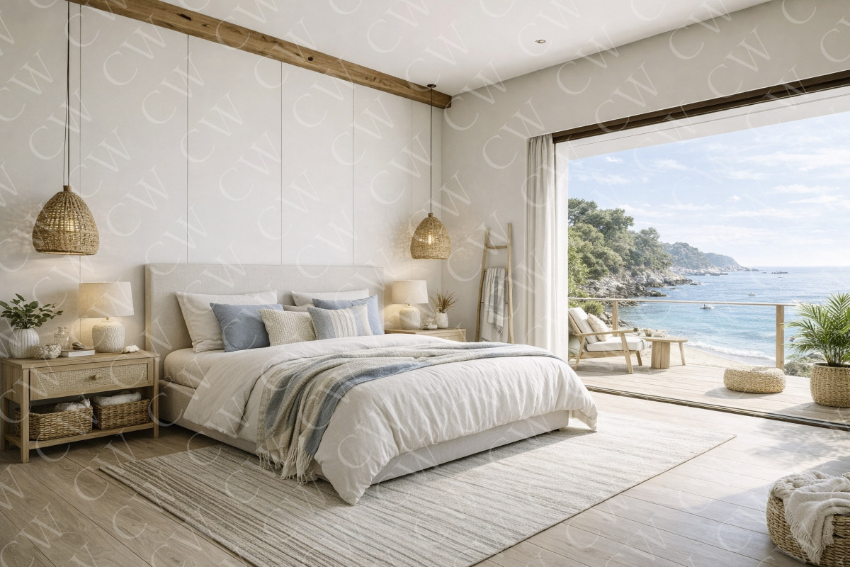 Helles Schlafzimmer mit Doppelbett, Naturdekor und großer Terrasse mit Blick aufs Meer.