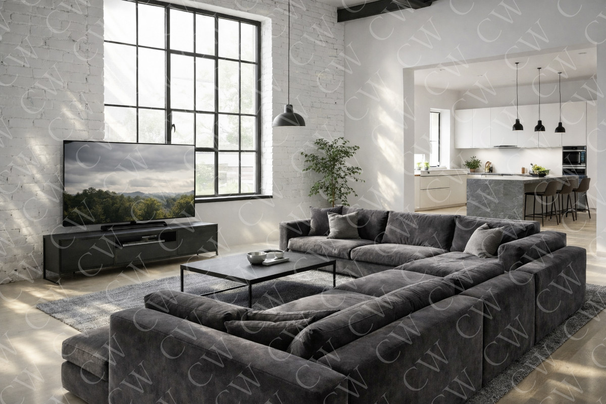 Helles Wohnzimmer mit Ecksofa, großem Fernseher, Teppich und offener Küche.