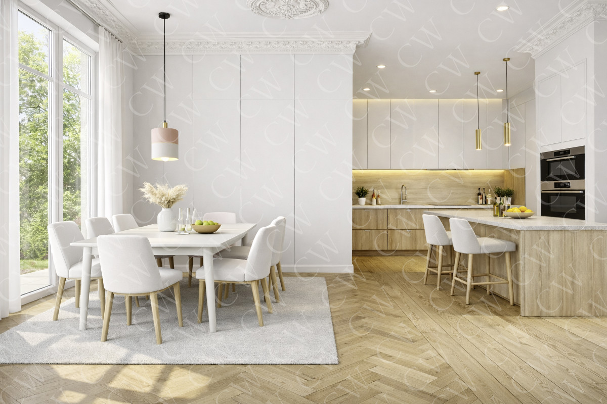 Helle, moderne Küche mit offenem Essbereich, großem Fenster und Holzdekor.