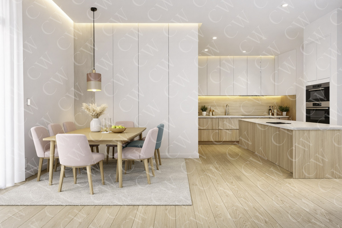 Helle offene Küche mit Esstisch und pastellfarbenen Stühlen auf Holzfußboden.