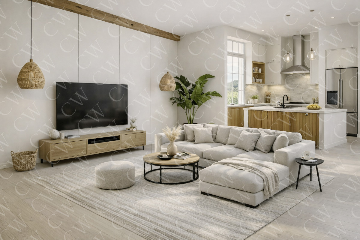 Helles modernes Wohnzimmer mit gemütlichem Sofa, Couchtisch und offener Küche im Hintergrund.