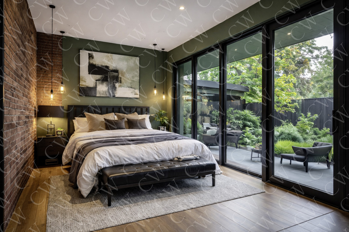 Stilvolles Schlafzimmer mit großen Glasfronten, Blick in einen grünen Garten und moderner Einrichtung.