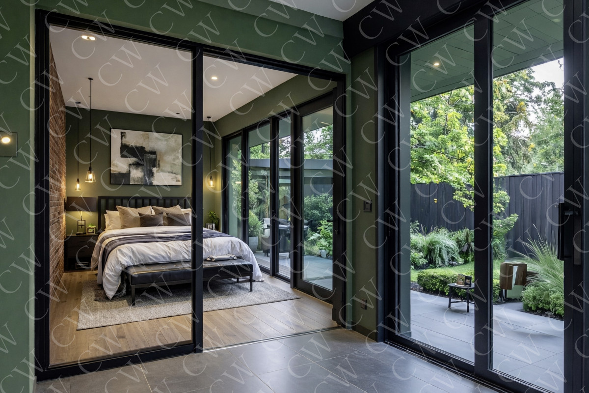 Modern eingerichtetes Schlafzimmer mit großen Glasfronten und direktem Zugang zum begrünten Garten.
