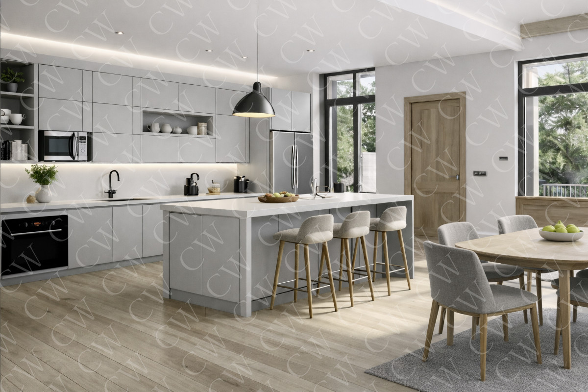 Helle, moderne Küche mit grauen Einbauschränken, Kochinsel, Essbereich und großen Fenstern.