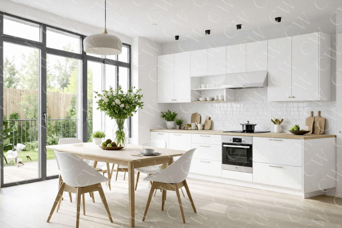 Helle moderne Küche mit weißen Möbeln, Essbereich, großen Fenstern und Gartenblick.