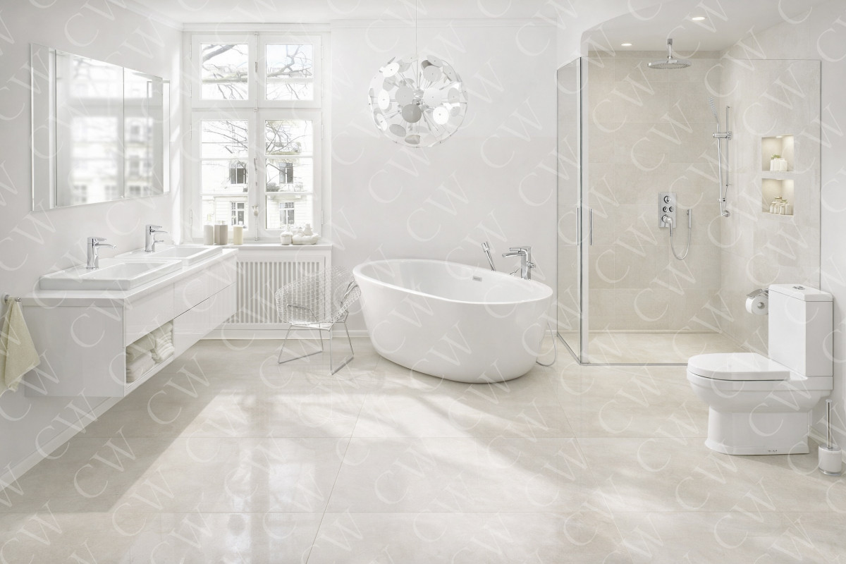 Helles, modernes Badezimmer mit großer Dusche, freistehender Badewanne und Doppelwaschbecken