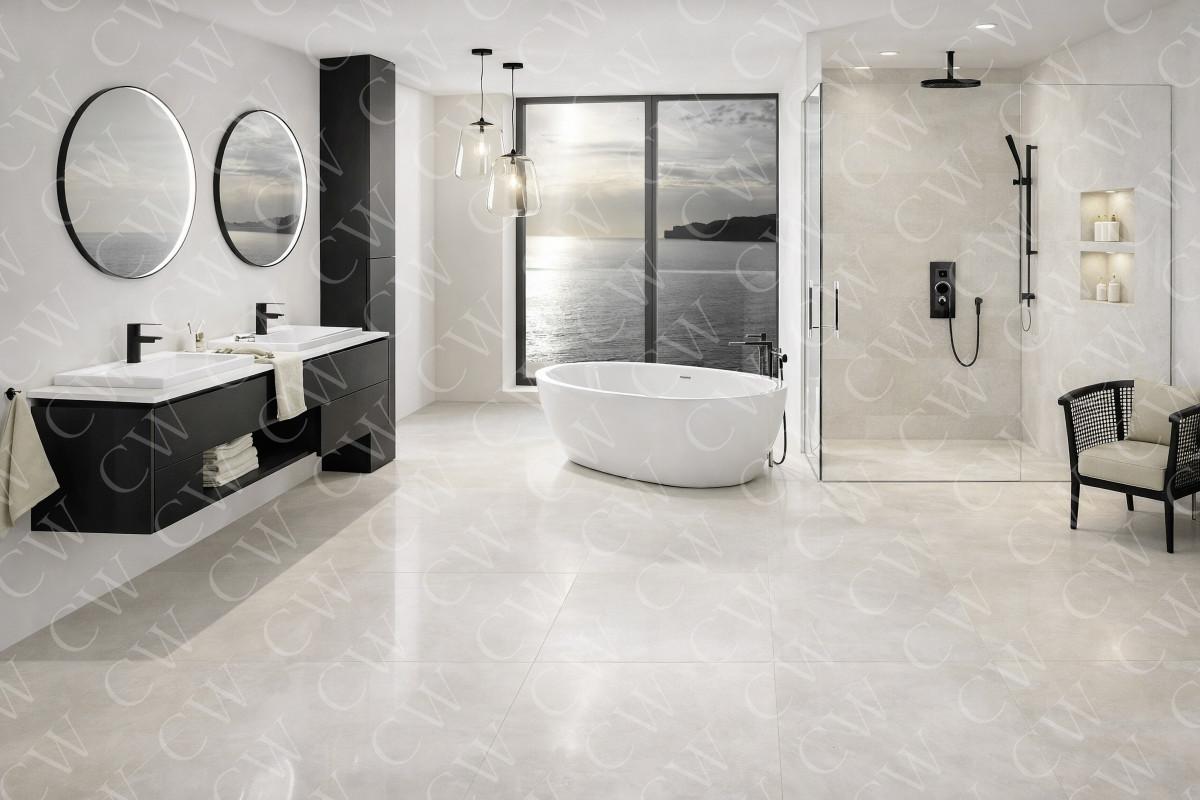 Modernes Badezimmer mit freistehender Badewanne, Dusche, Doppelwaschbecken und Fenster mit Meerblick.