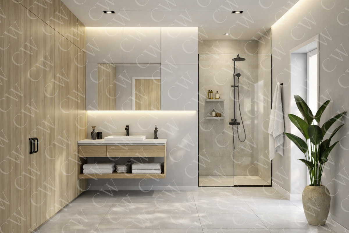 Helles, modernes Badezimmer mit Holzelementen, großer Dusche und grüner Pflanze.