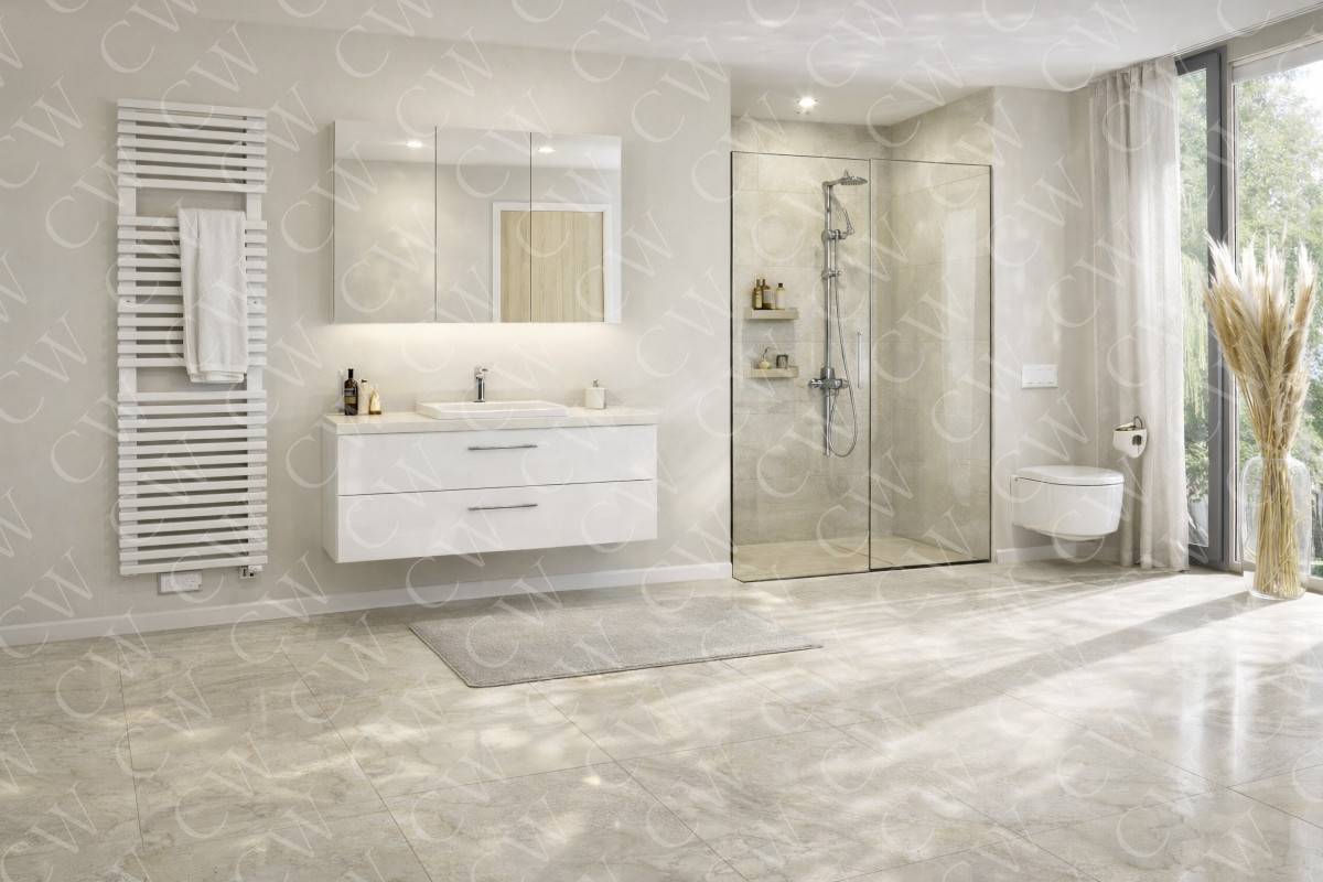 Helles, modernes Badezimmer mit Glasdusche, Wandwaschtisch, Handtuchheizkörper und großen Fensterfronten.