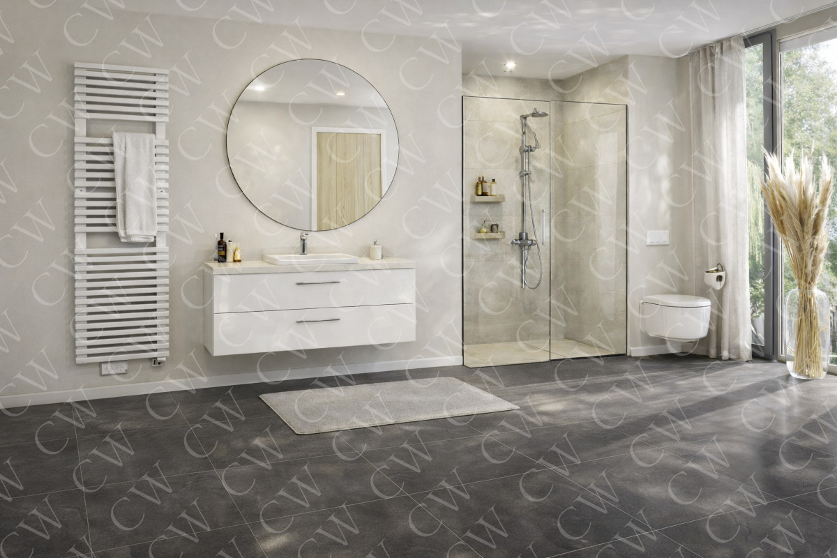 Großzügiges, modernes Badezimmer mit bodengleicher Dusche, Hänge-WC und großem Spiegel