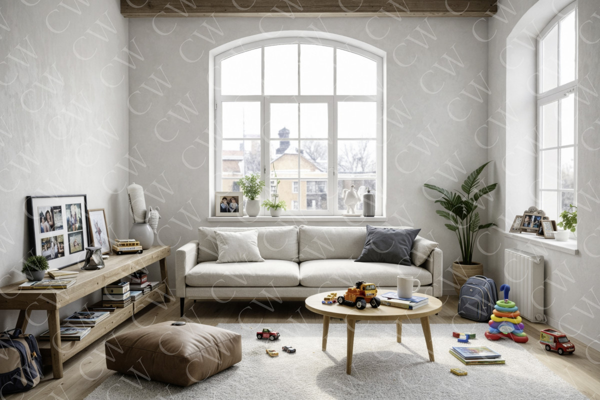 Modernes Wohnzimmer mit großem Sofa, Spielzeug, Holztisch und viel Tageslicht.