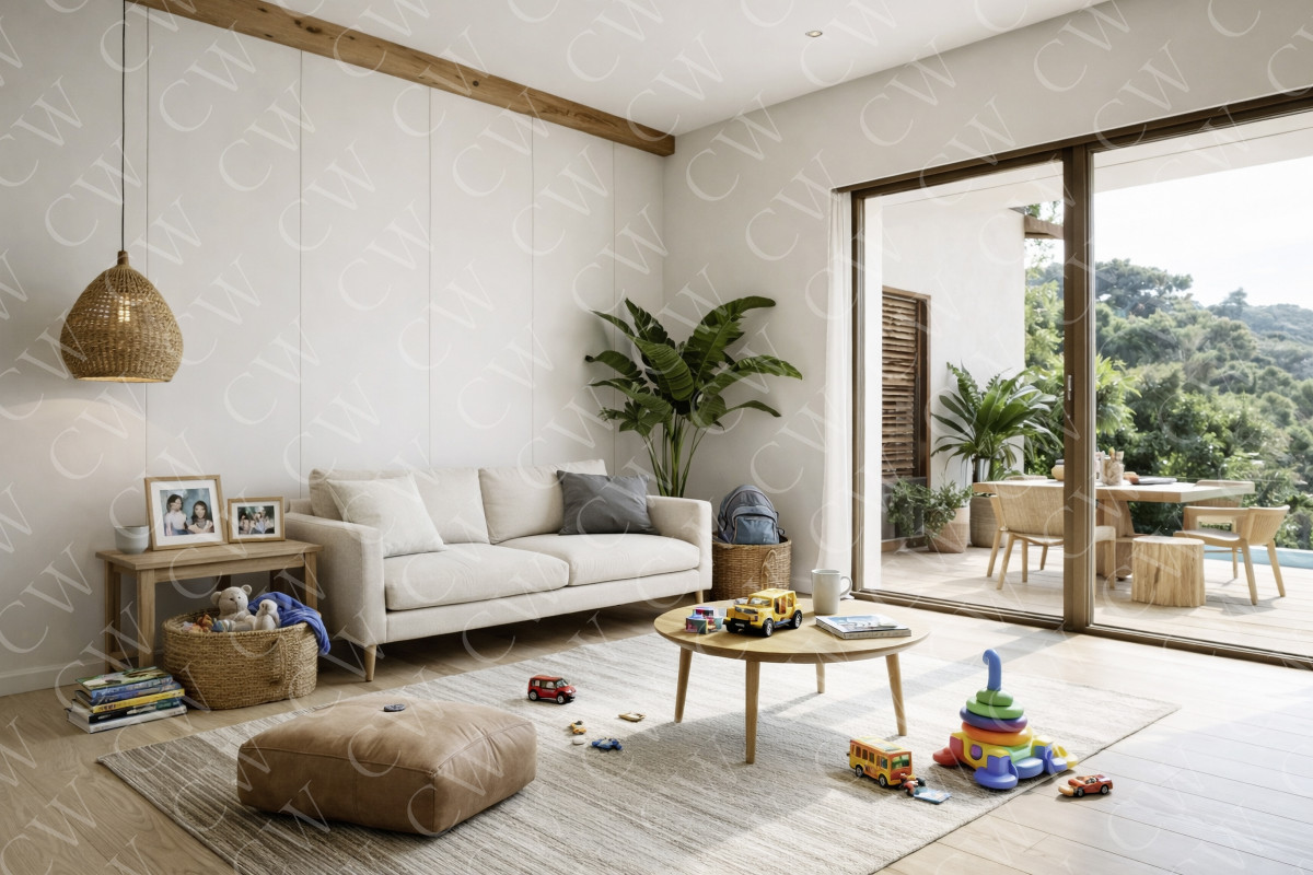 Helles Wohnzimmer mit Sofa, Spielzeug, Holztisch und Blick auf die Terrasse.