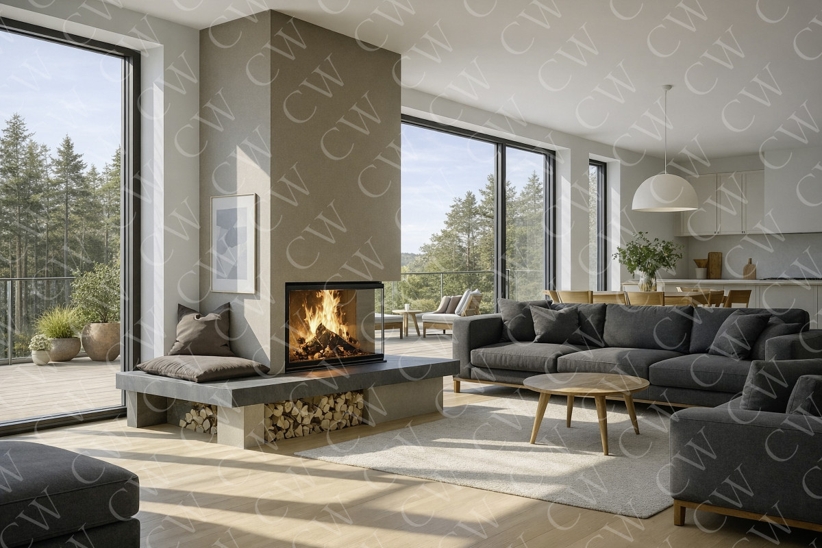 Geräumiges Wohnzimmer mit modernem Kamin, großen Fenstern und gemütlicher Sitzecke.