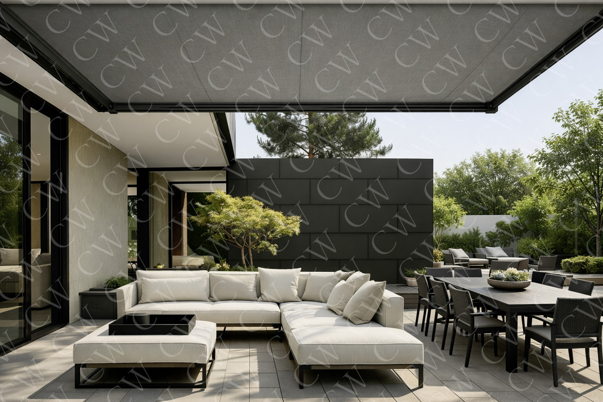 Große Terrasse mit moderner Lounge, Esstisch, Sonnenschutz und viel Grün.