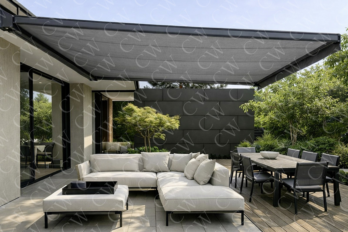 Große Terrasse mit ausfahrbarer Markise, Lounge-Sofa und Esstisch im Garten