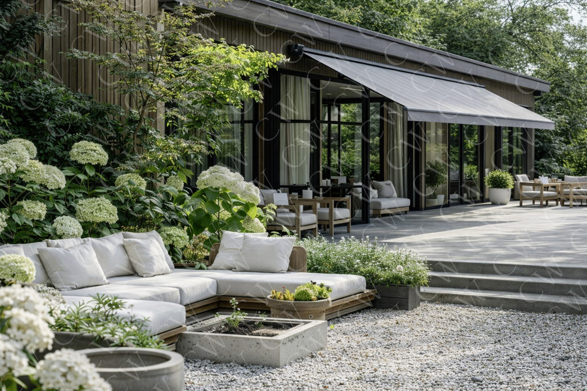 Große Terrasse mit Holzfassade, gemütlicher Outdoor-Lounge und blühenden Hortensien.