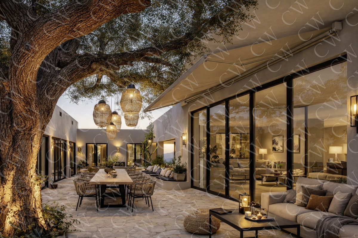 Gemütliche Terrasse mit großem Esstisch, Lounge-Bereich und stimmungsvoller Beleuchtung bei Abenddämmerung.