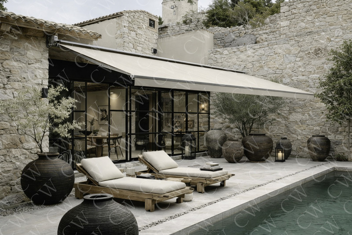 Steinhaus mit großer Markise, Pool, Sonnenliegen und dekorativen Pflanzgefäßen im Garten