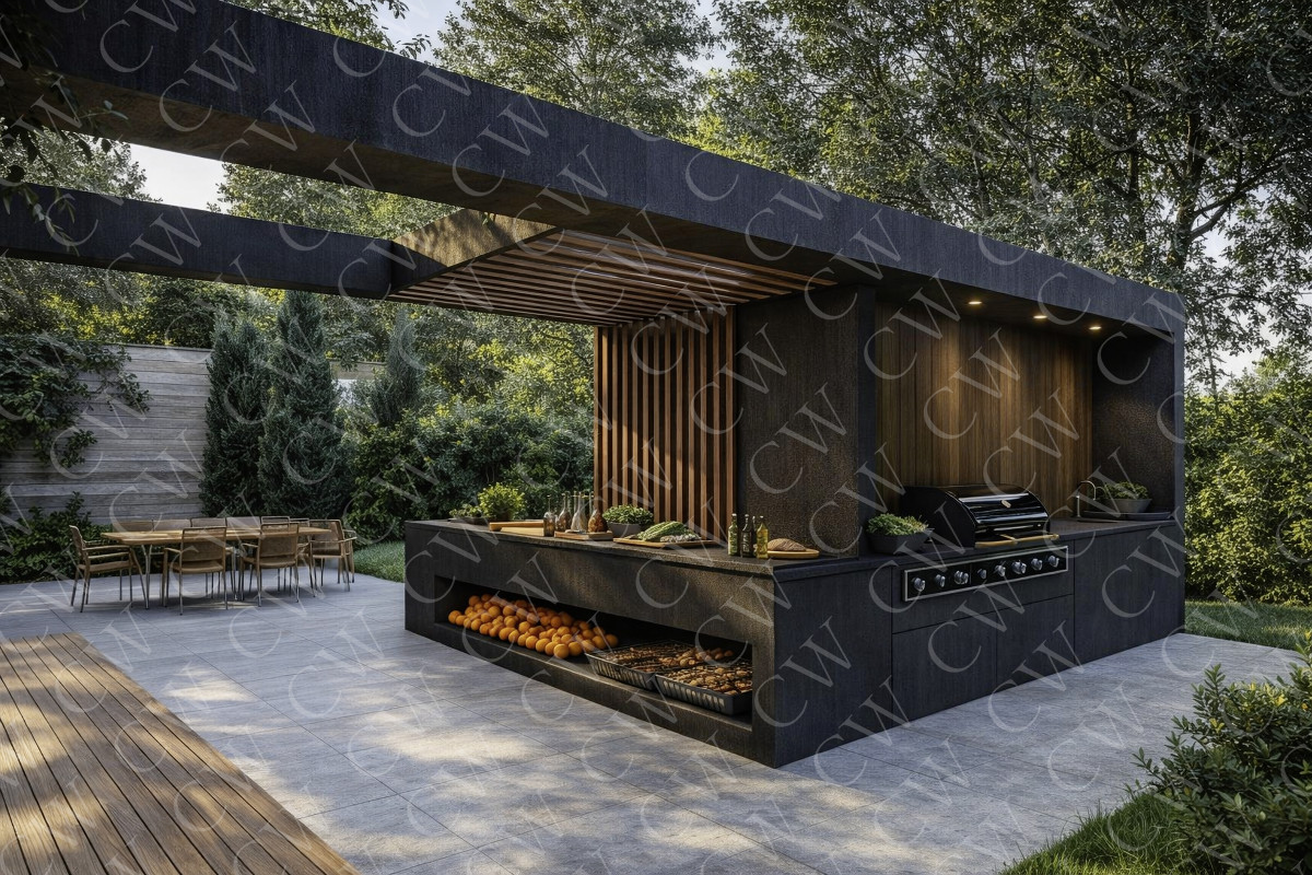 Große Outdoor-Küche mit Grill, Arbeitsplatte und Esstisch im modernen Gartendesign.