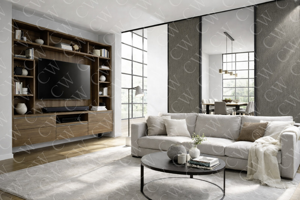 Helles modernes Wohnzimmer mit TV-Wand, großem Sofa und Essbereich im Hintergrund.