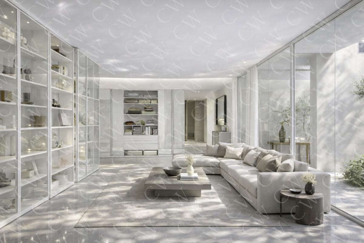 Helles Wohnzimmer mit großer Glaswand, Ecksofa, Couchtisch und Bücherregalen.