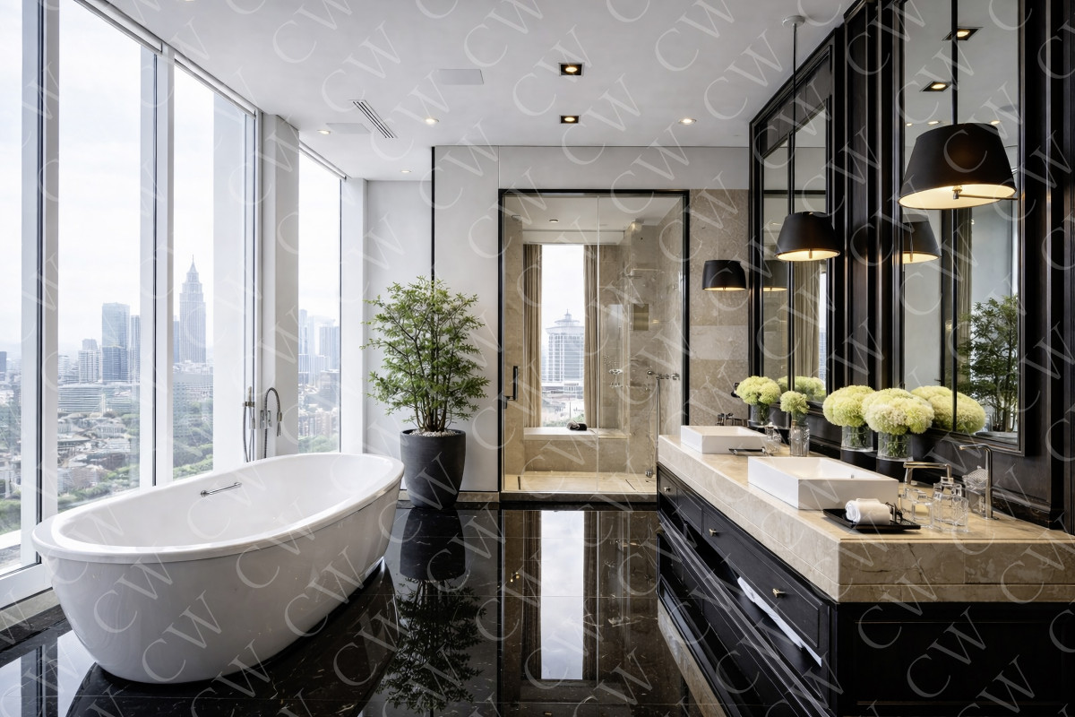 Modernes Luxus-Badezimmer mit freistehender Badewanne, Doppelwaschtisch und großem Fenster mit Stadtblick.