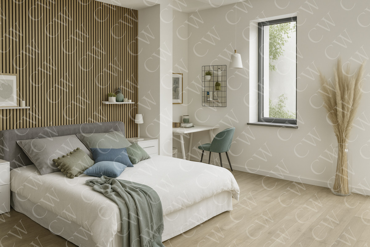 Helles, modernes Schlafzimmer mit Holzwand, Doppelbett, Schreibtisch und großen Fenster.