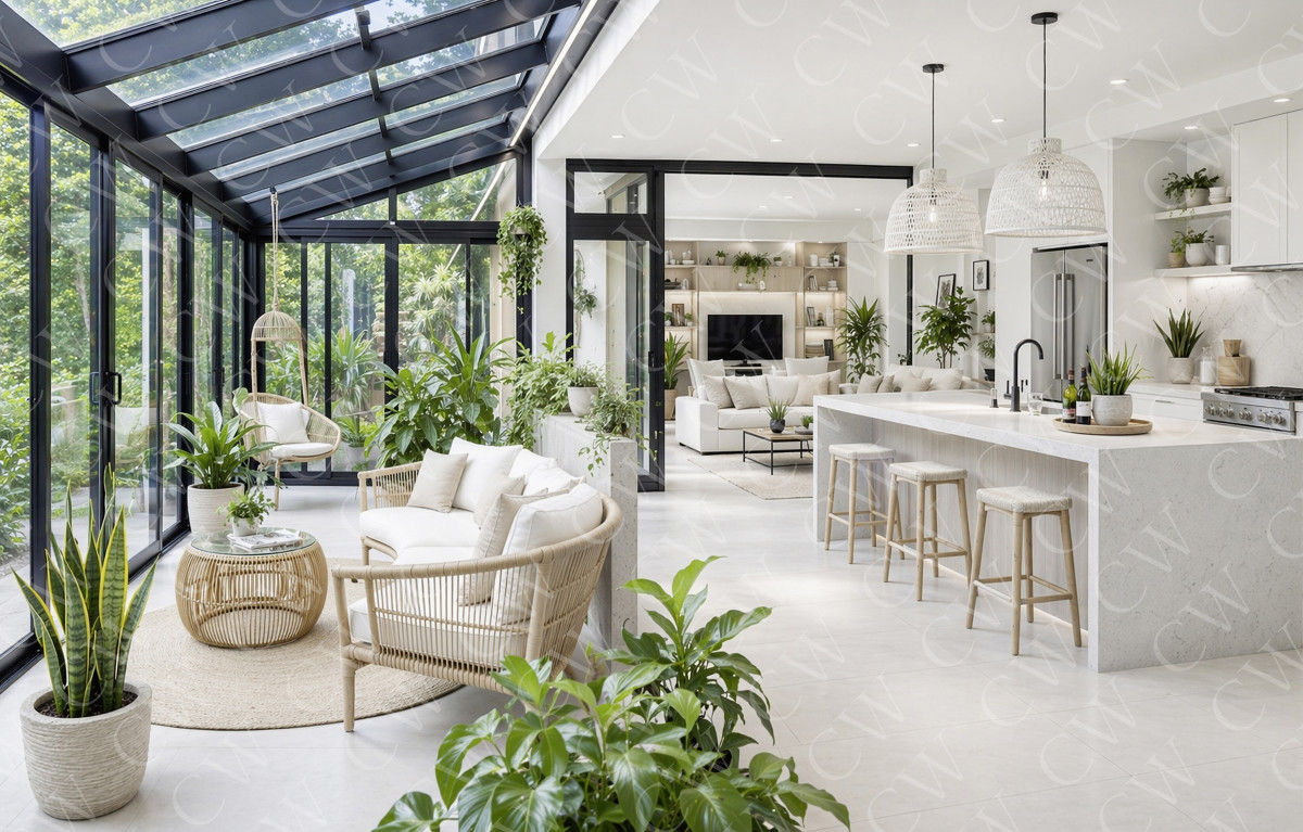Helles, modernes Wohnzimmer mit Wintergarten, Küche und vielen Pflanzen