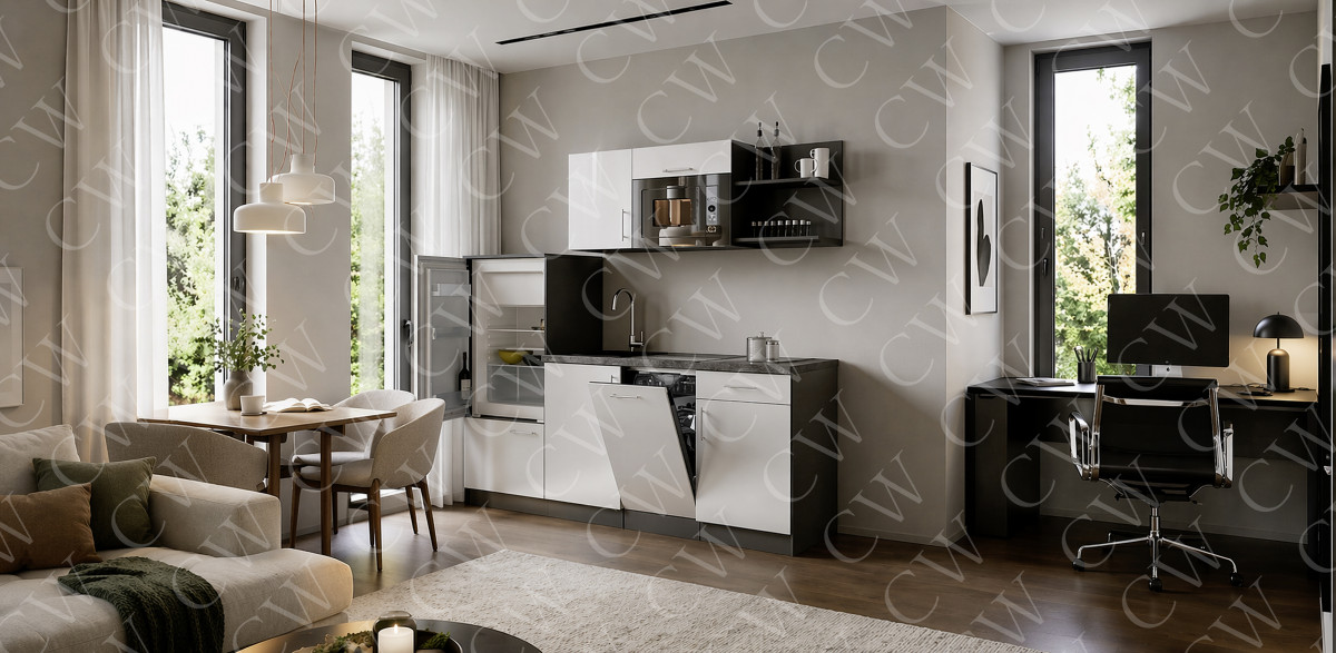 Helles Apartment mit offener Küche, Esstisch, Sofa und Arbeitsplatz am Fenster.