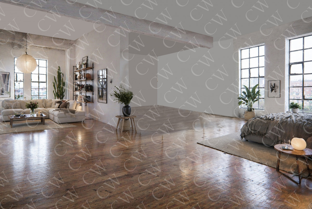 Offenes Loft mit großen Fenstern, modernem Wohnzimmer und gemütlichem Schlafbereich.