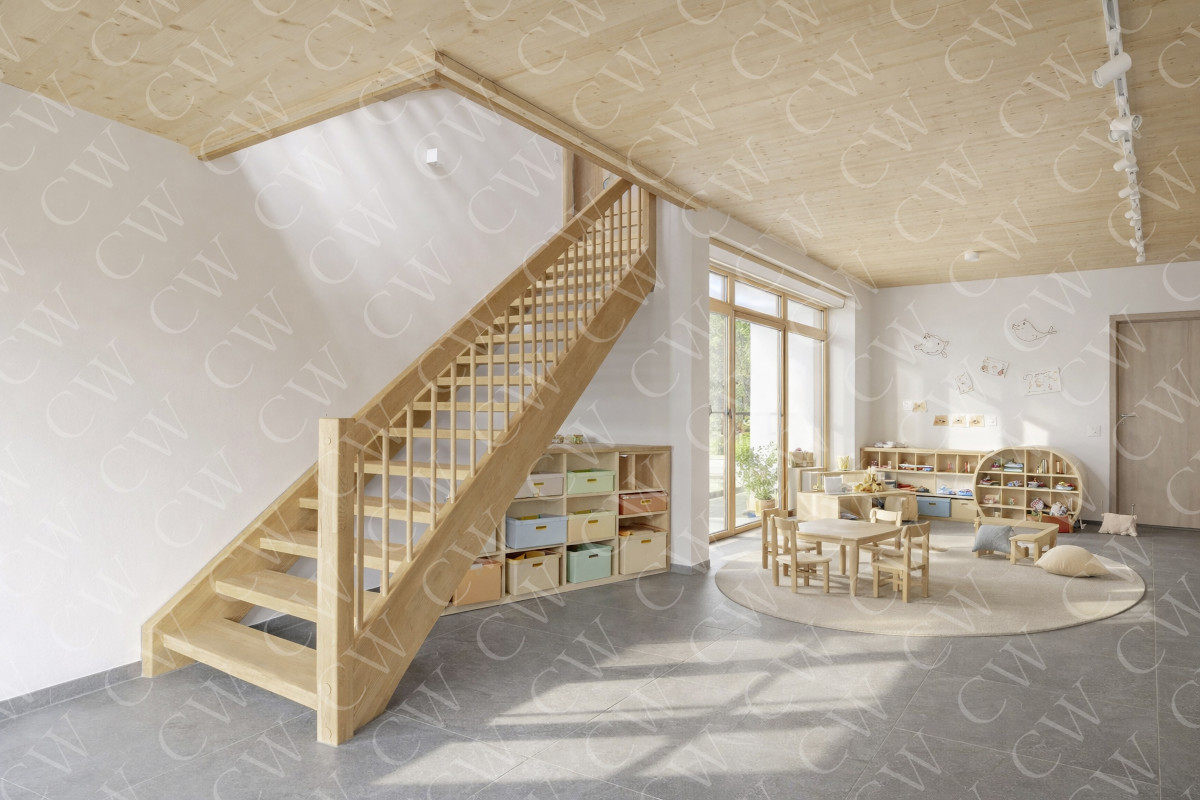 Heller Kindergartenraum mit Holztreppe, Spielbereich und Holzmöbeln