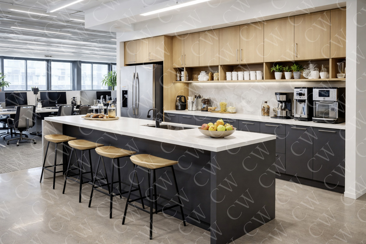 Große, moderne Büroküche mit Kücheninsel, Sitzhockern und Küchengeräten.