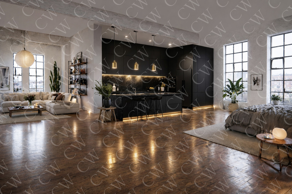 Offenes Loft mit moderner schwarzer Küche, Wohnzimmer und Schlafbereich bei Tageslicht.