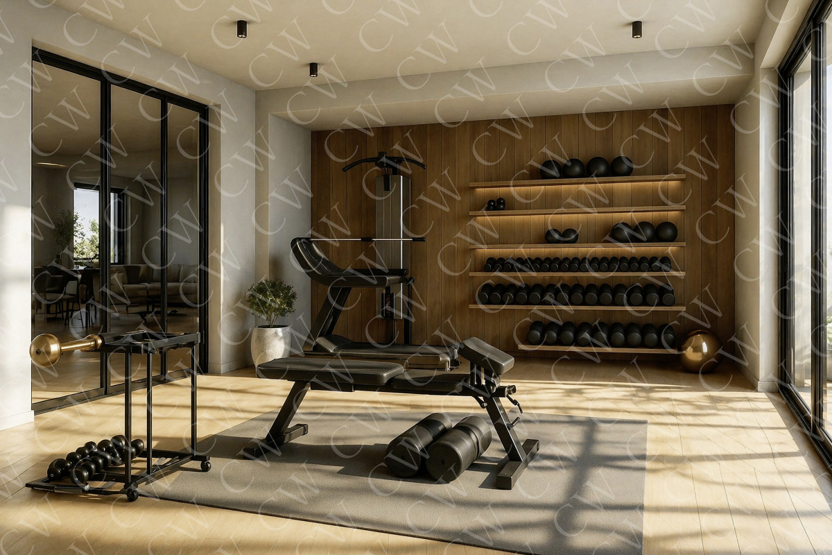 Helles Fitnessstudio mit Trainingsbank, Hanteln und modernen Geräten auf Holzfußboden.
