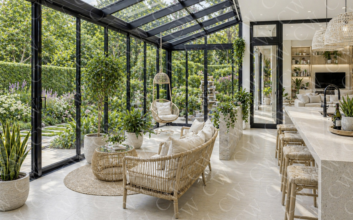 Lichtdurchfluteter Wintergarten mit Rattanmöbeln, vielen Pflanzen und Blick in einen gepflegten Garten.