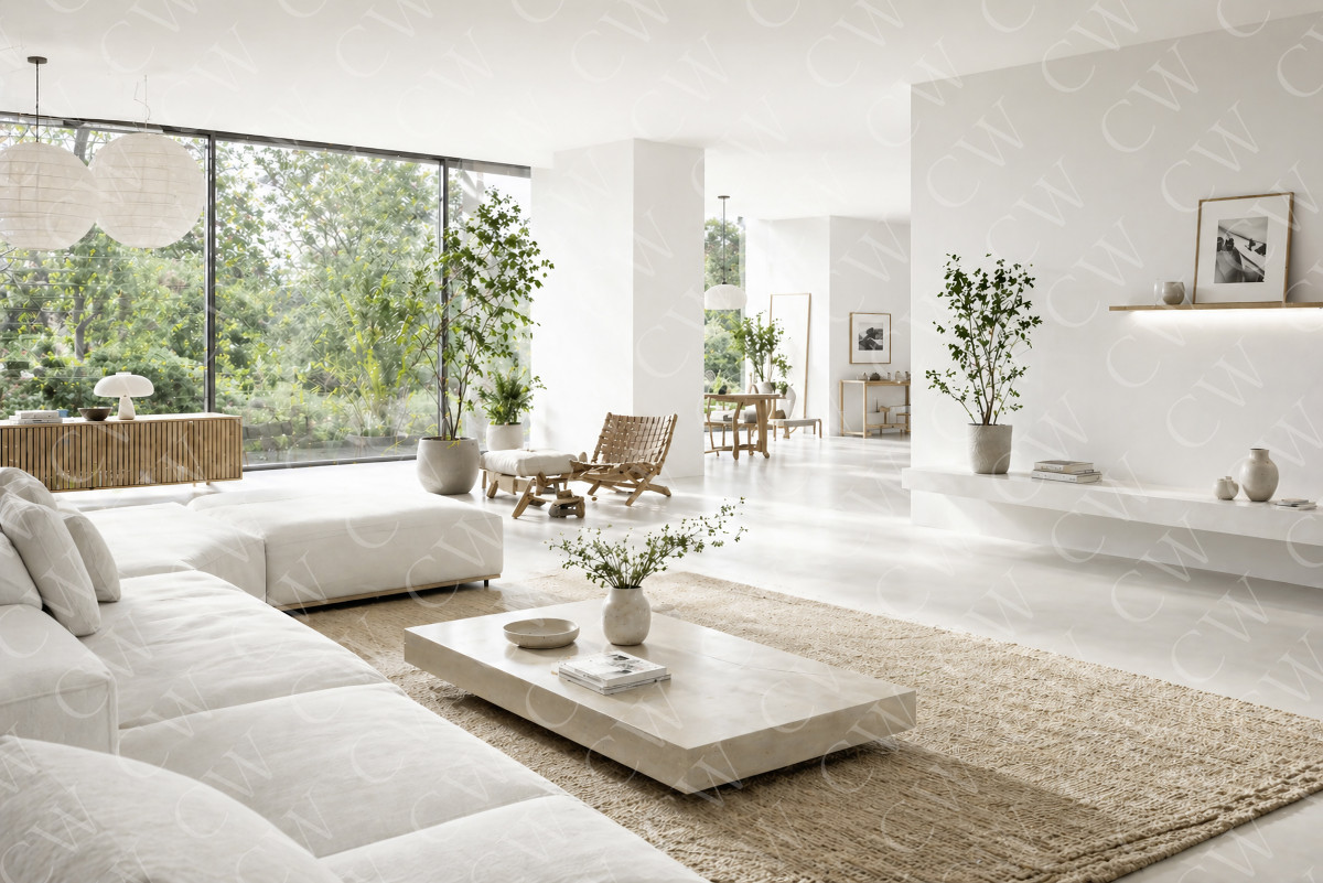 Helles Wohnzimmer mit großen Fenstern, weißen Möbeln und natürlichen Dekoelementen.