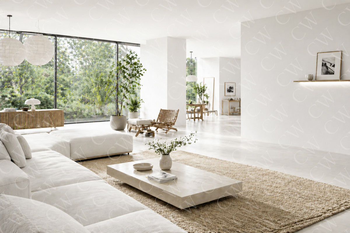 Helles, modernes Wohnzimmer mit großer Glasfront, weißen Möbeln und natürlichen Materialien.