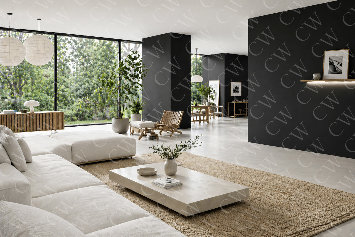 Helles Wohnzimmer mit großen Fenstern, beigem Sofa, Pflanzen und modernem Interieur